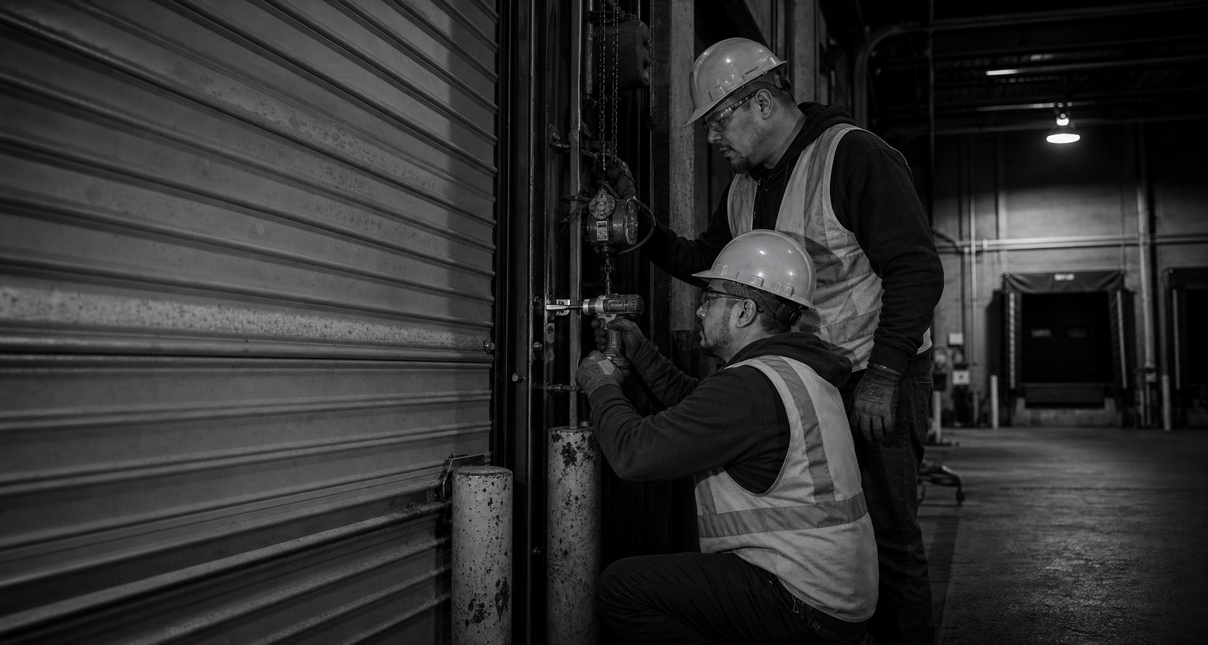 Technicians servicing an industrial roll-up door inside a commercial facility